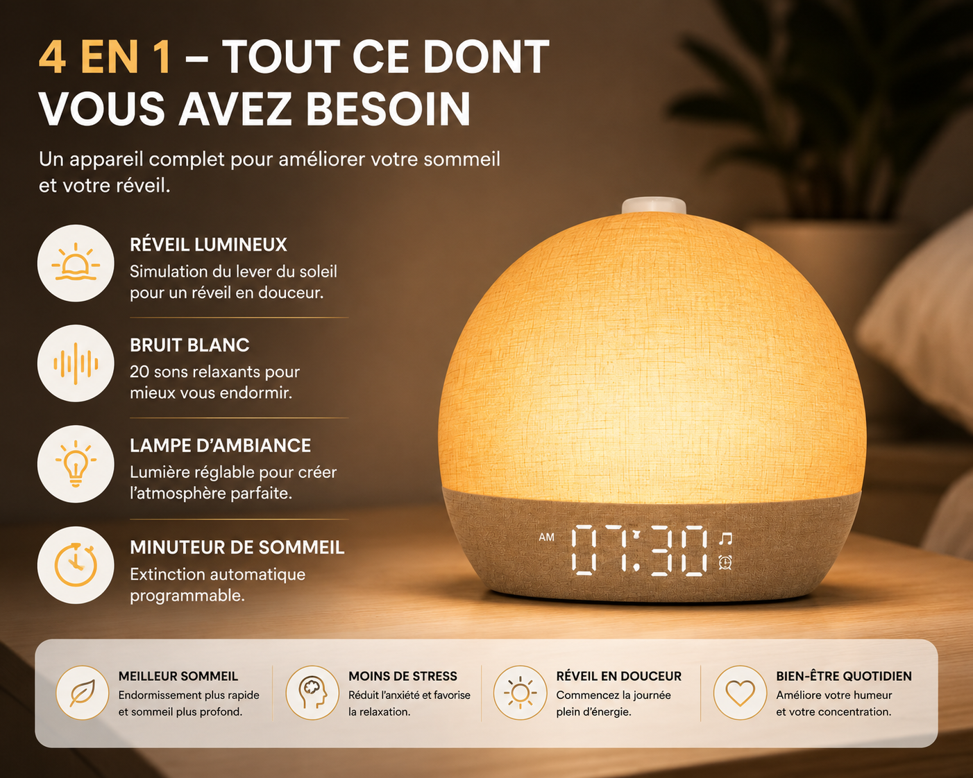 Réveil LUNEA™ | Réveil lumineux, bruit blanc & minuteur