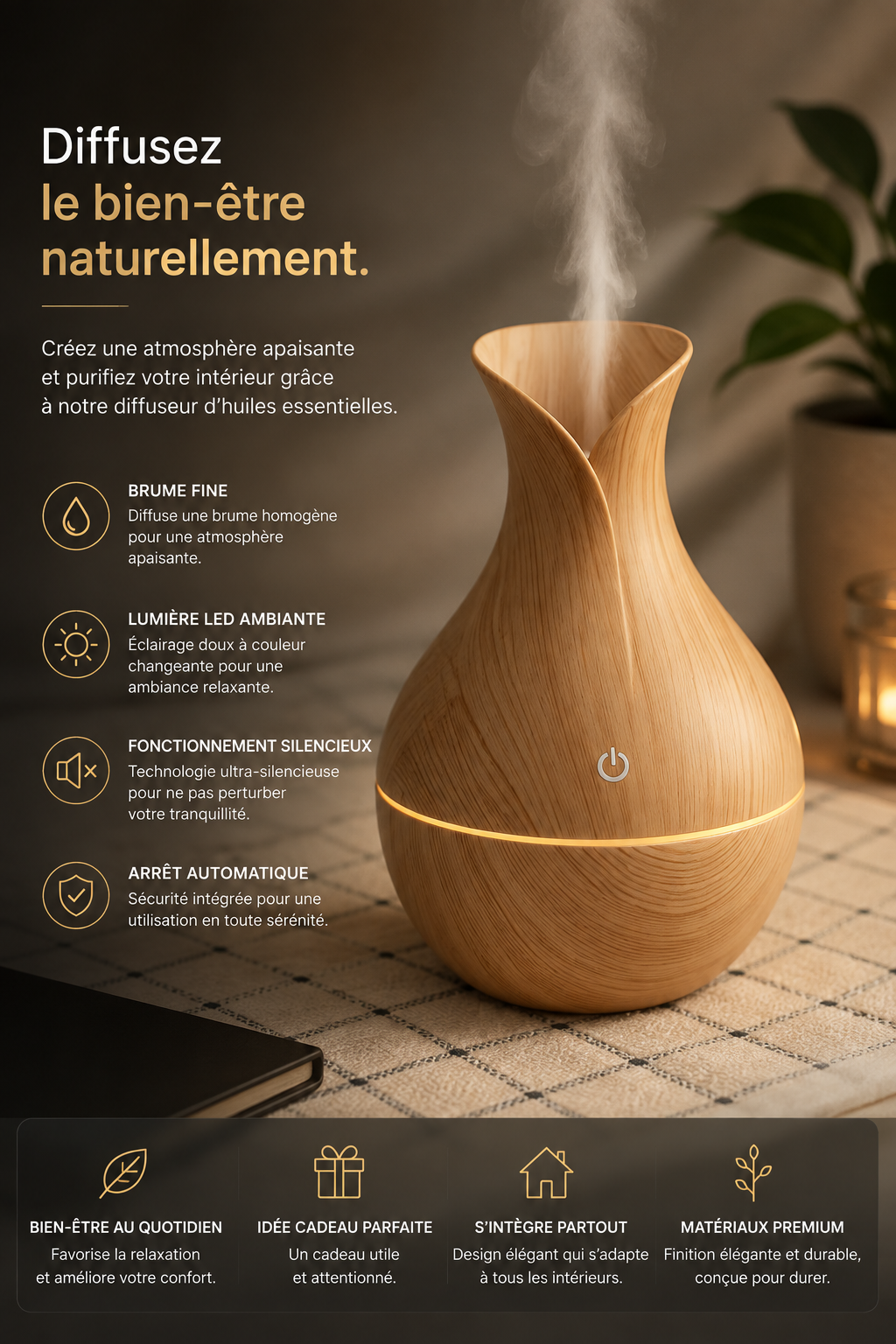 Diffuseur LUNEA™ | Diffuseur d’huiles essentielles ultrasonique & LED