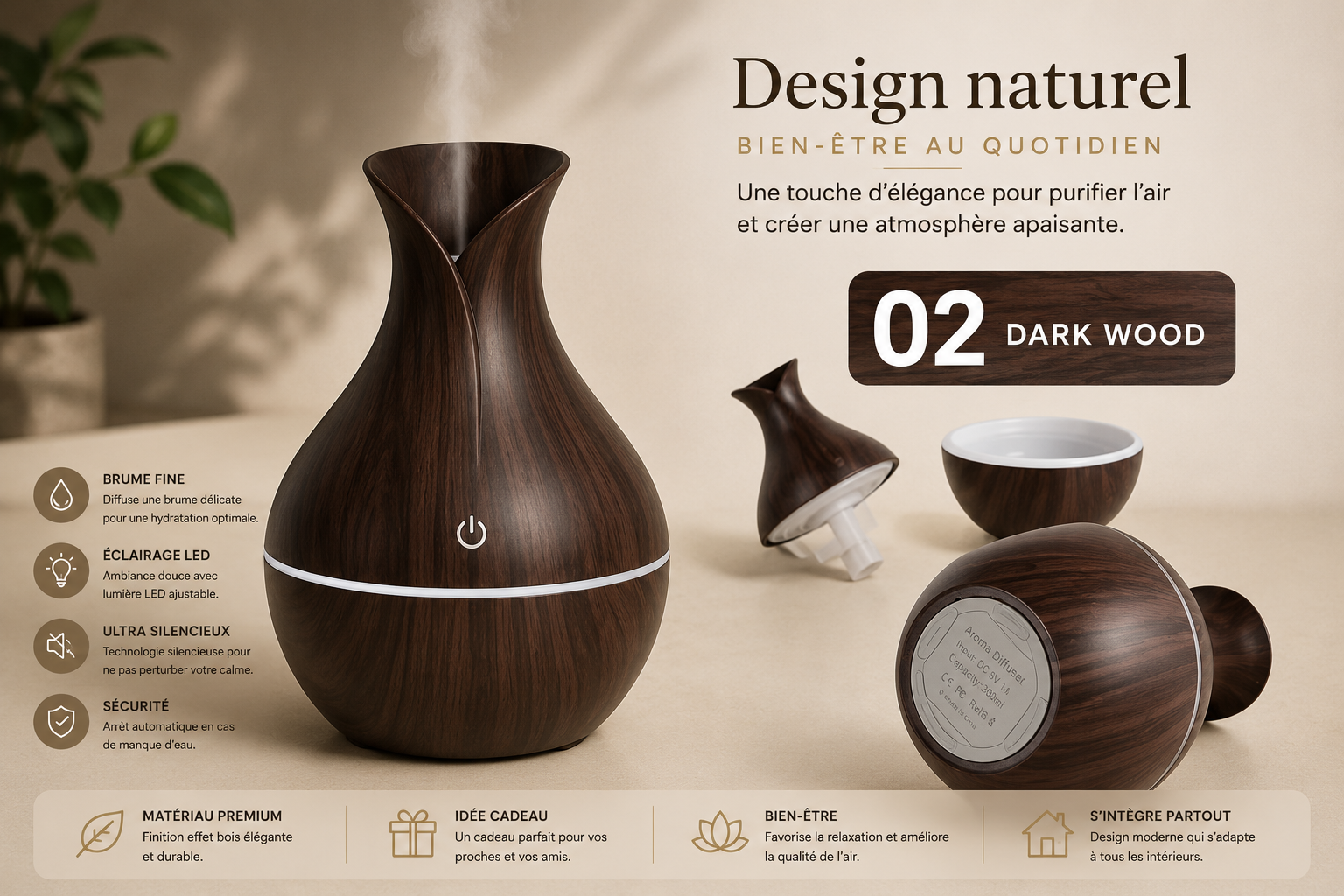 Diffuseur LUNEA™ | Diffuseur d’huiles essentielles ultrasonique & LED