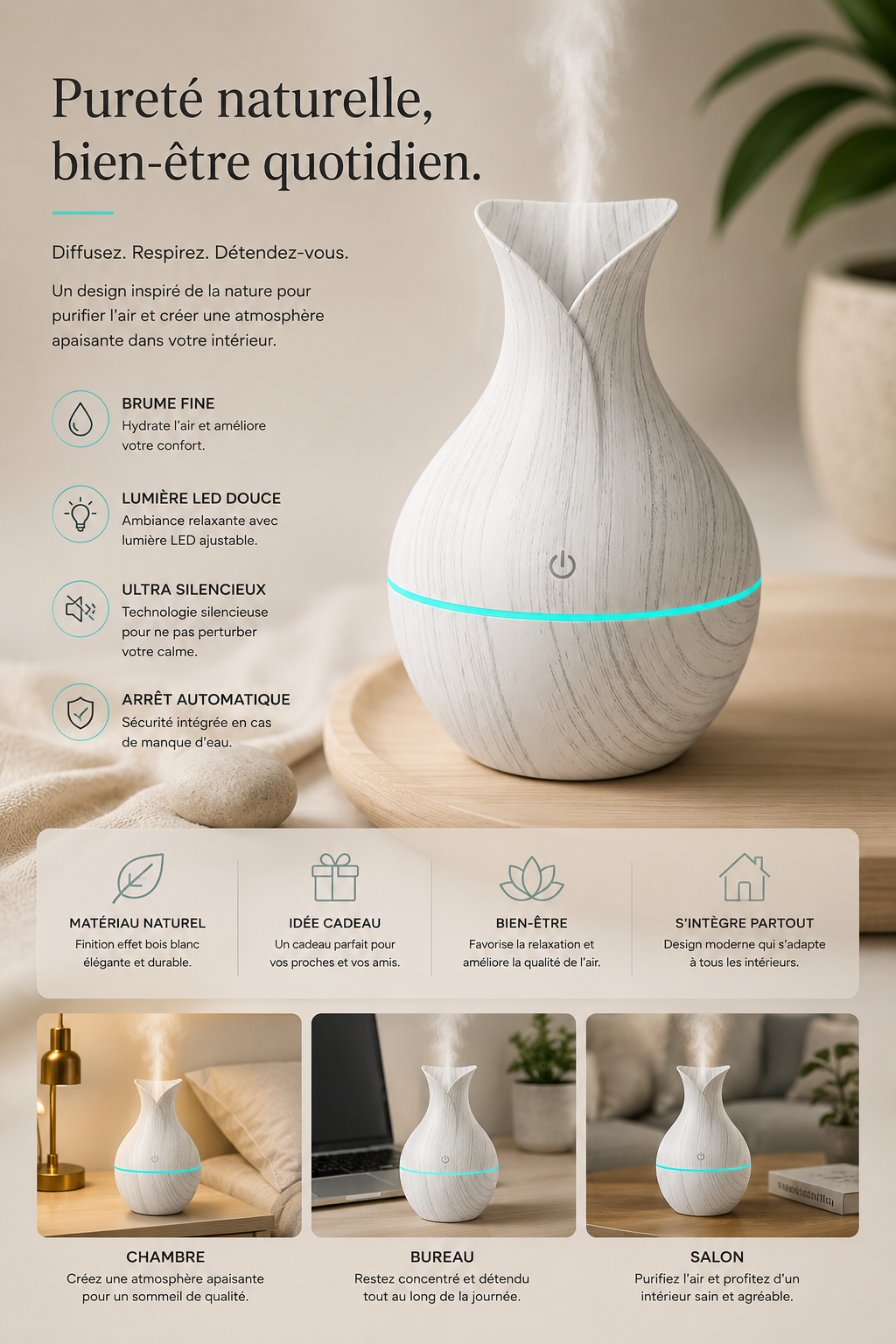 Diffuseur LUNEA™ | Diffuseur d’huiles essentielles ultrasonique & LED