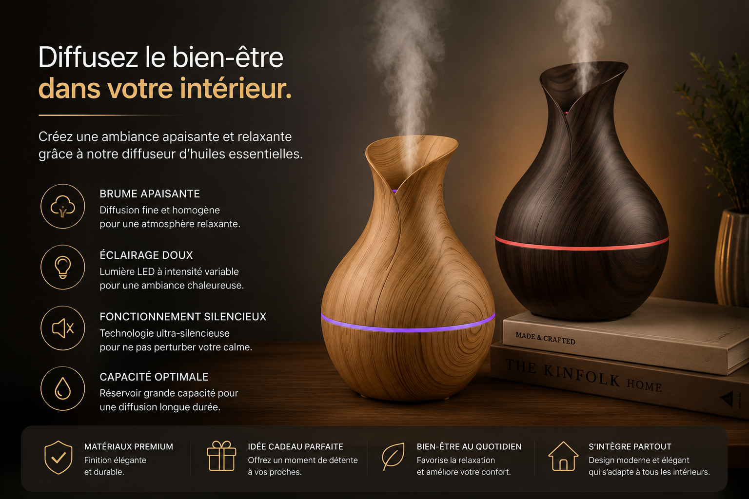Diffuseur LUNEA™ | Diffuseur d’huiles essentielles ultrasonique & LED