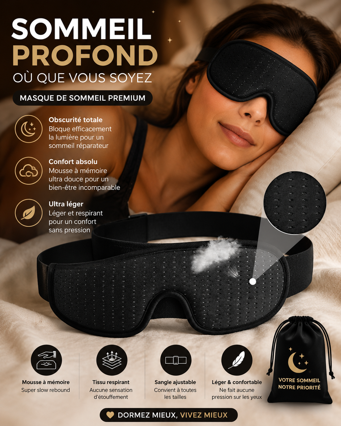 Masque de sommeil 3D LUNEA™ | Confort ergonomique & occultation totale